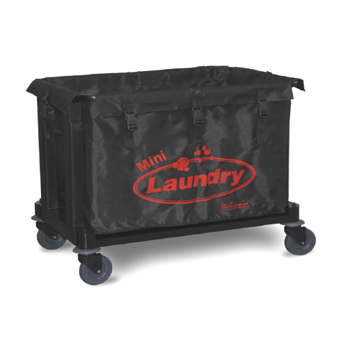 Carro Laundry Mini porta sábanas con bolsa vinílica impermeable y gran capacidad, ideal para hoteles, lavanderías, spas y centros de salud.