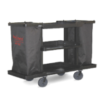 Carro Housekeeping Bigger con doble bolsa plegable y piso de apoyo para aspiradora o lustradora, ideal para hoteles y servicios de limpieza.