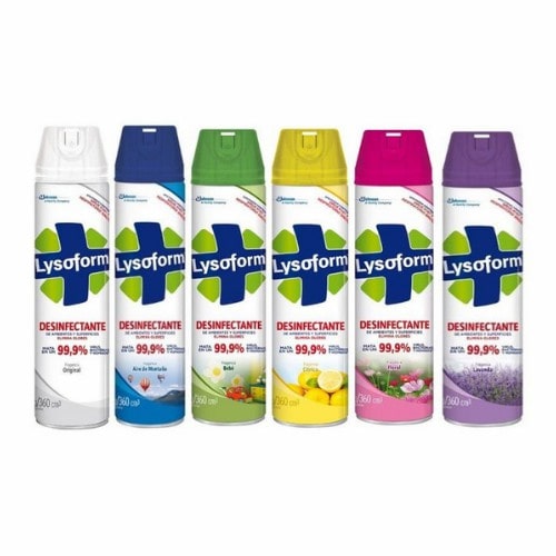 Desinfectante Lysoform aerosol elimina 99.9% de virus, bacterias y hongos. Disponible en varias fragancias y presentaciones.