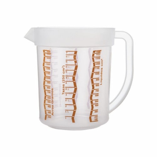 Jarra graduada plástica transparente de 1,5 litros con pico vertedor, ideal para mediciones precisas en cocina, laboratorio o limpieza.
