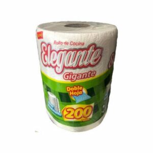 Rollo de cocina jumbo doble hoja marca Elegante de 200 paños gofrados.