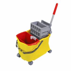 Balde prensa mopa Mini Flex amarillo con cubo interior rojo y prensa mopa gris, ideal para limpieza eficiente.