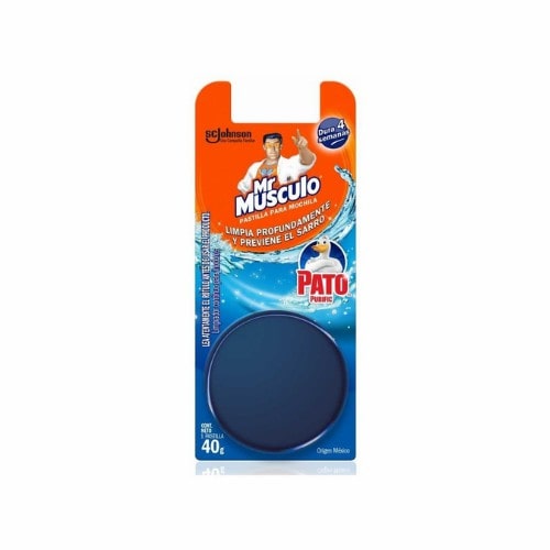 Bloque Mr Musculo inodoro para mochila, limpieza profunda y color azul higiénico en cada descarga, con protección hasta 4 semanas.