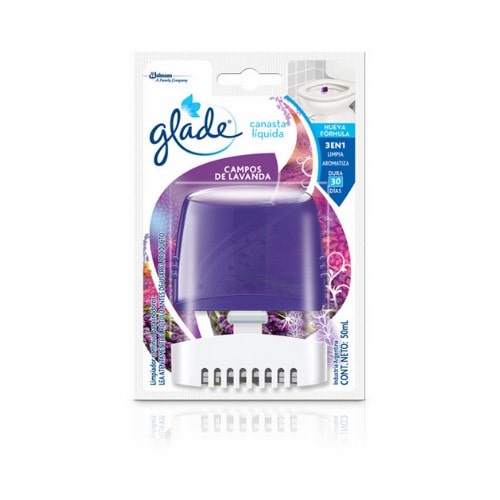 Canasta Glade inodoro líquida que limpia y perfuma continuamente, previene manchas y sarro, con duración de hasta 30 días.