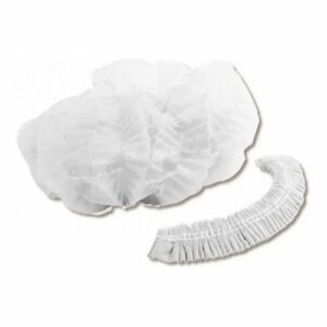 Cofias de friselina plisadas blancas, descartables, con diseño soldado por ultrasonido que retiene el cabello y permite ventilación óptima.