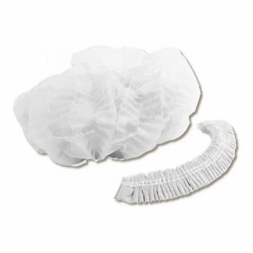 Cofias de friselina plisadas blancas, descartables, con diseño soldado por ultrasonido que retiene el cabello y permite ventilación óptima.