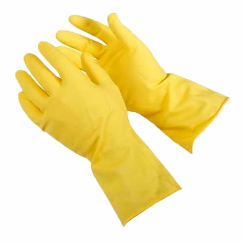 Guante de látex doméstico amarillo con palma diamantada y sistema antigoteo, ideal para limpieza y tareas del hogar.