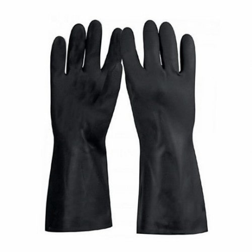 Guante de látex negro industrial con palma corrugada y doble baño de cloropreno, ideal para trabajos industriales y agrícolas.