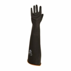 Guantes de látex negro Industrial 55cm con doble baño de cloropreno, palma corrugada y sistema antigoteo para uso intensivo.