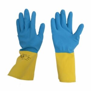 Guante de látex y neoprene doble baño flockado, con palma diamantada antideslizante para protección química ligera e industrial.