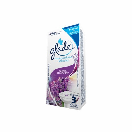 Limpiador adhesivo Glade para inodoros, elimina manchas, previene sarro y perfuma hasta 100 descargas con fragancia continua.
