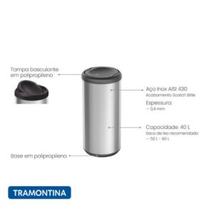 Cesto acero inoxidable Piemonte tapa vaivén Tramontina - Imagen 3