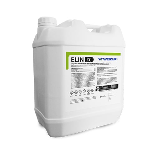 Elin limpiador alcalino clorado para equipos generadores de espuma, presentado en bidón para limpieza de superficies e instalaciones.