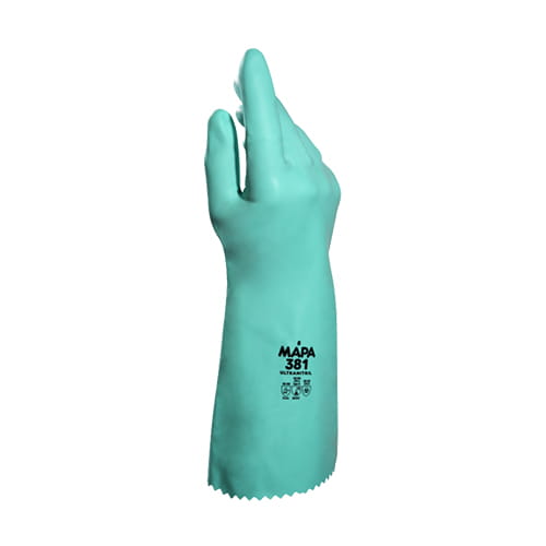 Guante Ultranitril 381 de nitrilo verde para protección química, con 36 cm de longitud, textura grabada y soporte textil.